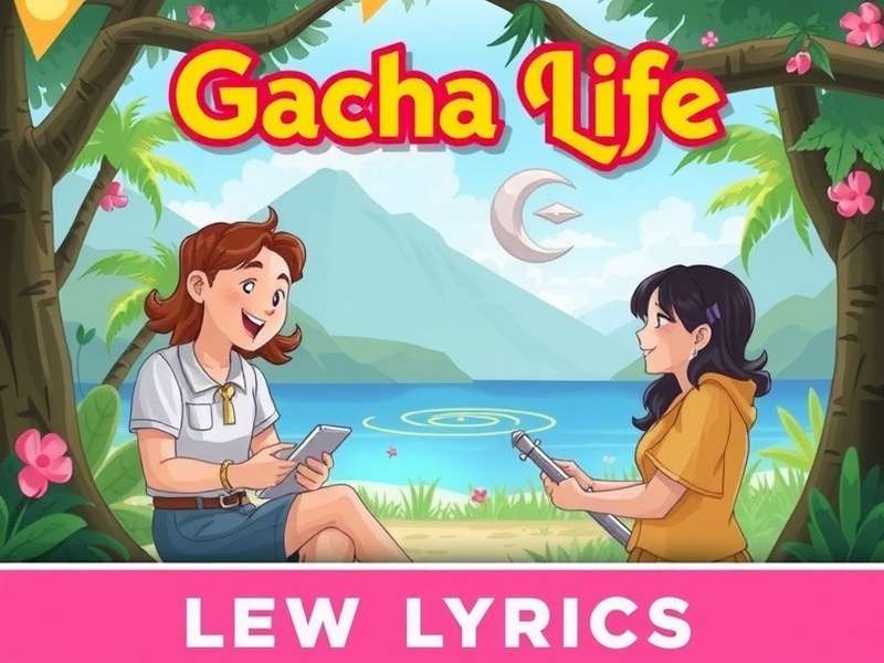 Colorful musical notes and Gacha Life character silhouettes against a purple background