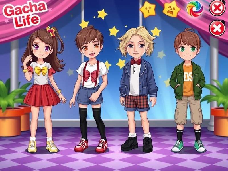 A vibrant collage of diverse Gacha Life kid character outfits showing various styles from casual to fantasy